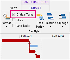 Microsoft Project interface showing a pink box highlighting the "Critical Tasks" option.
