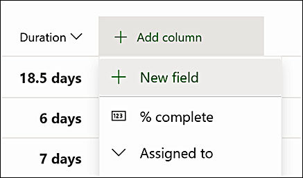 Microsoft Project interface showing the option to add a column and a new field in the project plan.