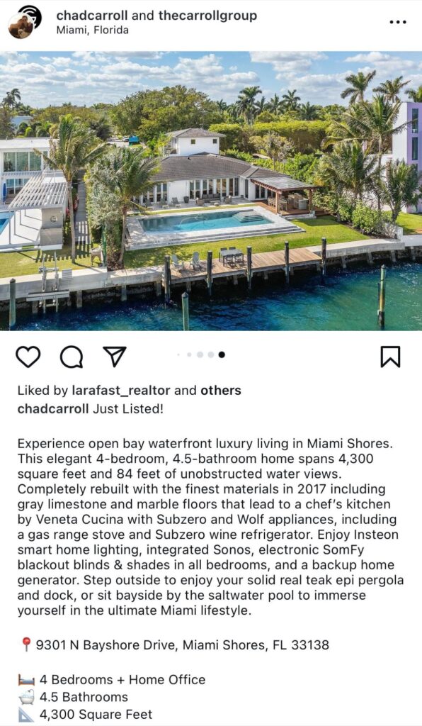 Instagram post by Chad Carroll featuring a luxury property in Miami Shores