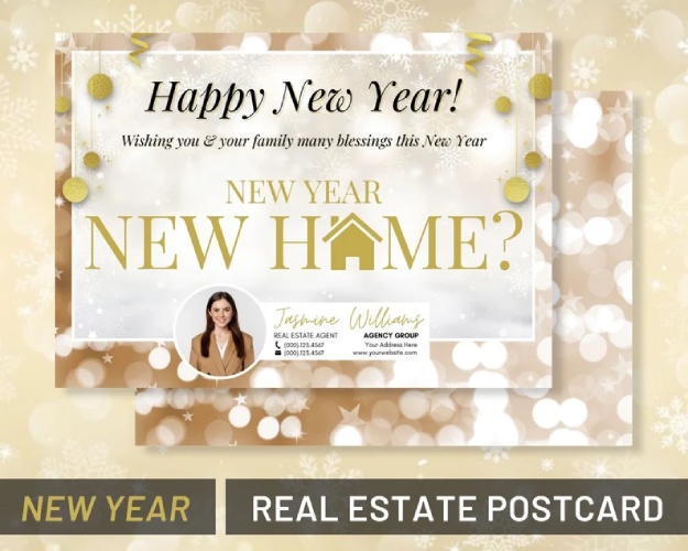 Real estate postcard with tagline "New Year New Home?" and realtor headshot and contact information.