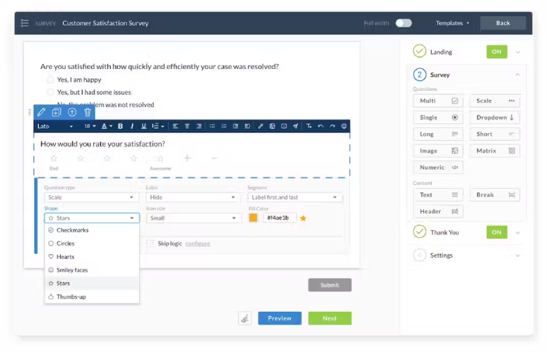 Nextiva client satisfaction survey editor interface.