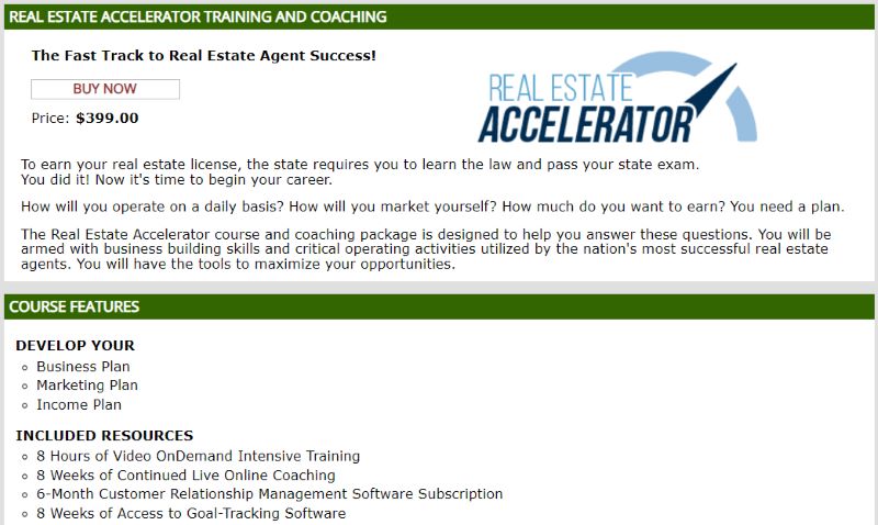 Information on Real Estate Accelerator package with coaching designed to fast track real estate agent success.
