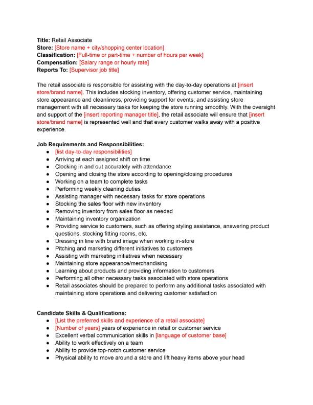 Retail associate job description template.