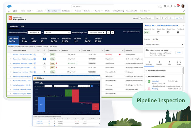 Examples of deal reports and insights in Salesforce Sales Cloud.