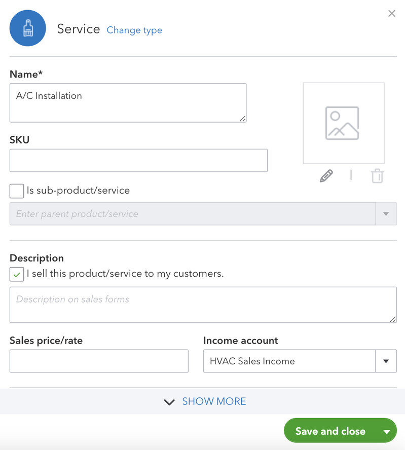 Form where you can set up a new item in QuickBooks