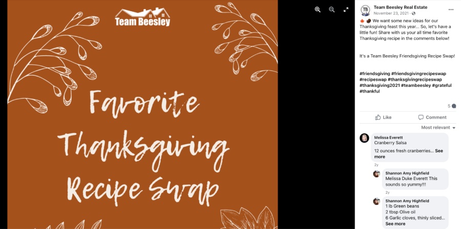 Example of a real estate marketing idea Thanksgiving recipe exchange