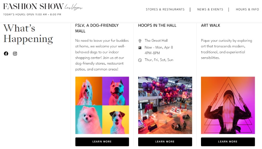 The Fashion Show mall website advertising a basketball event, an art walk, and an opportunity to take dogs into a pet-friendly space.