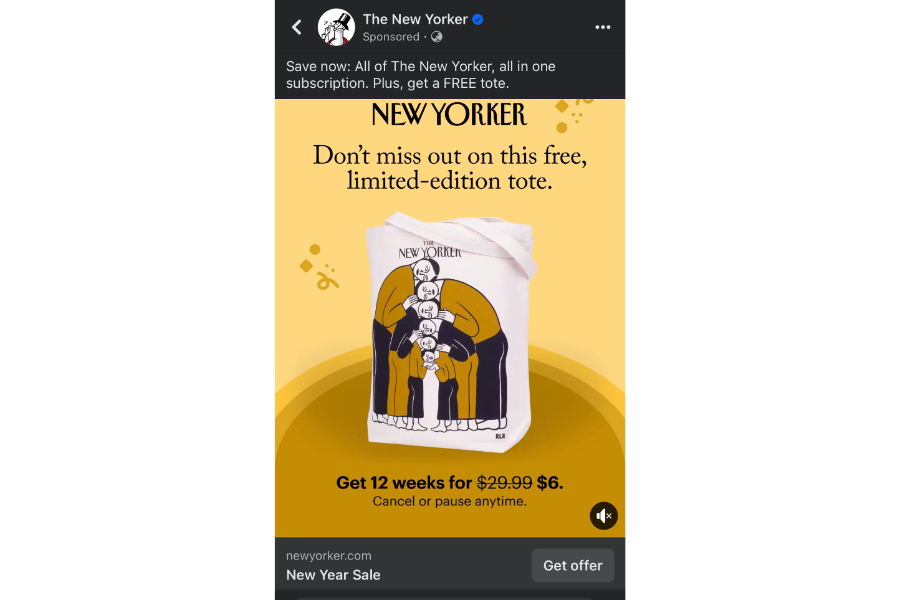 Targeted Facebook ad from The New Yorker encouraging free users to pay for a subscription