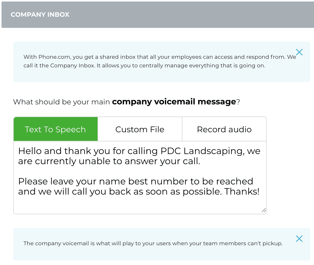 Three ways to set up your voicemail greeting for the company inbox via Phone.com.