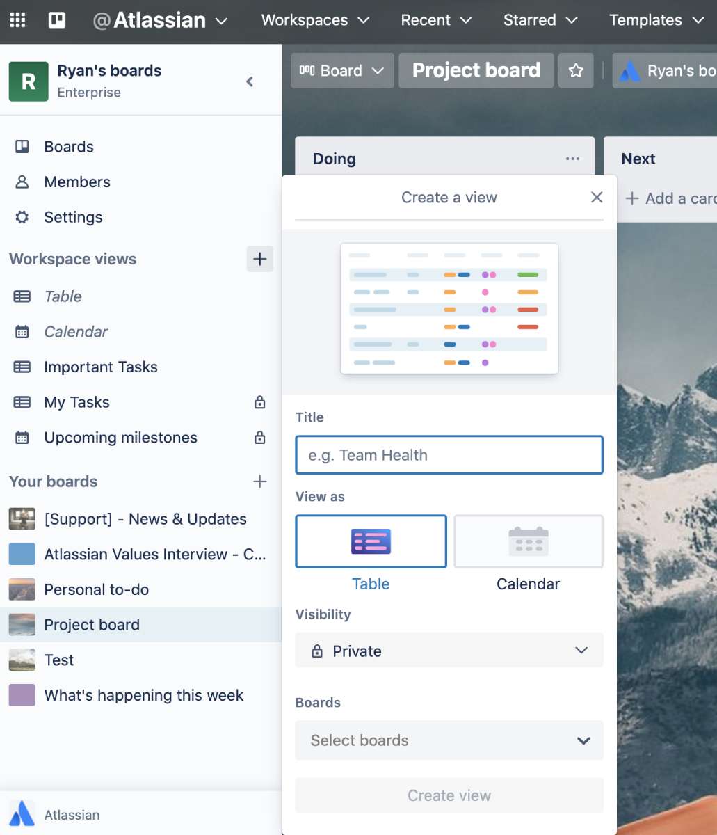 Trello board showing a side panel containing a list of workspace views and boards and a dialog box for “Creating a view”.
