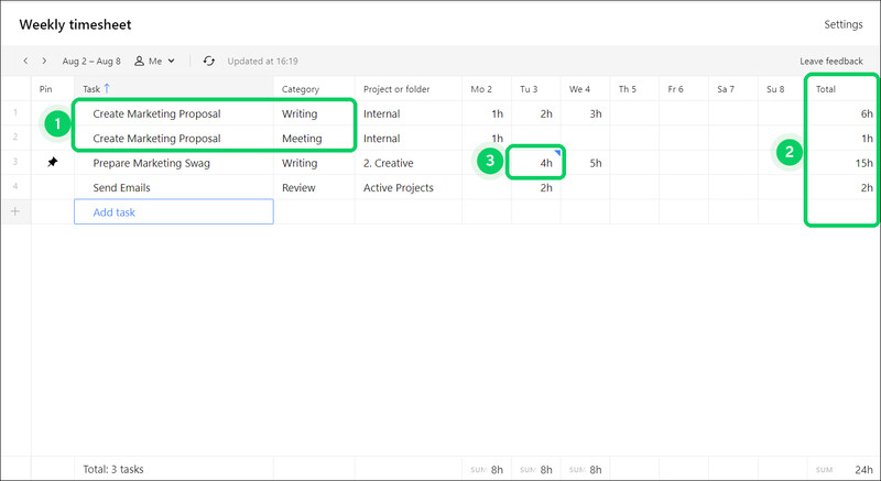 Weekly timesheet on the Wrike interface showing tasks and time spent on each item