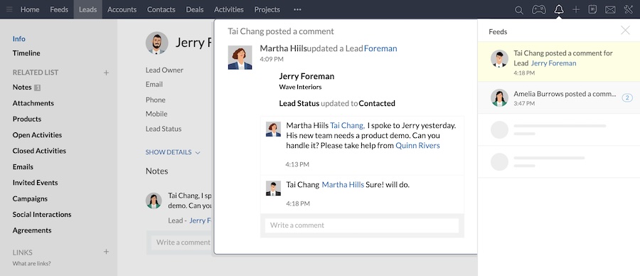 An example of Zoho CRM's activity feed for team collaboration.