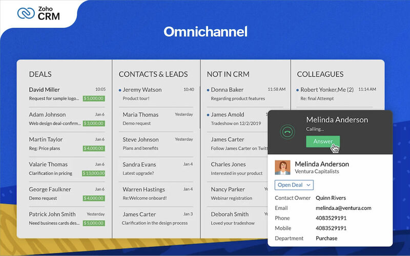 A call widget seen in Zoho CRM's omni channel communication platform.