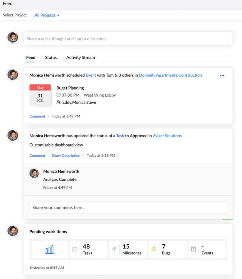 Zoho Projects Feeds displaying project updates, status, and schedule.