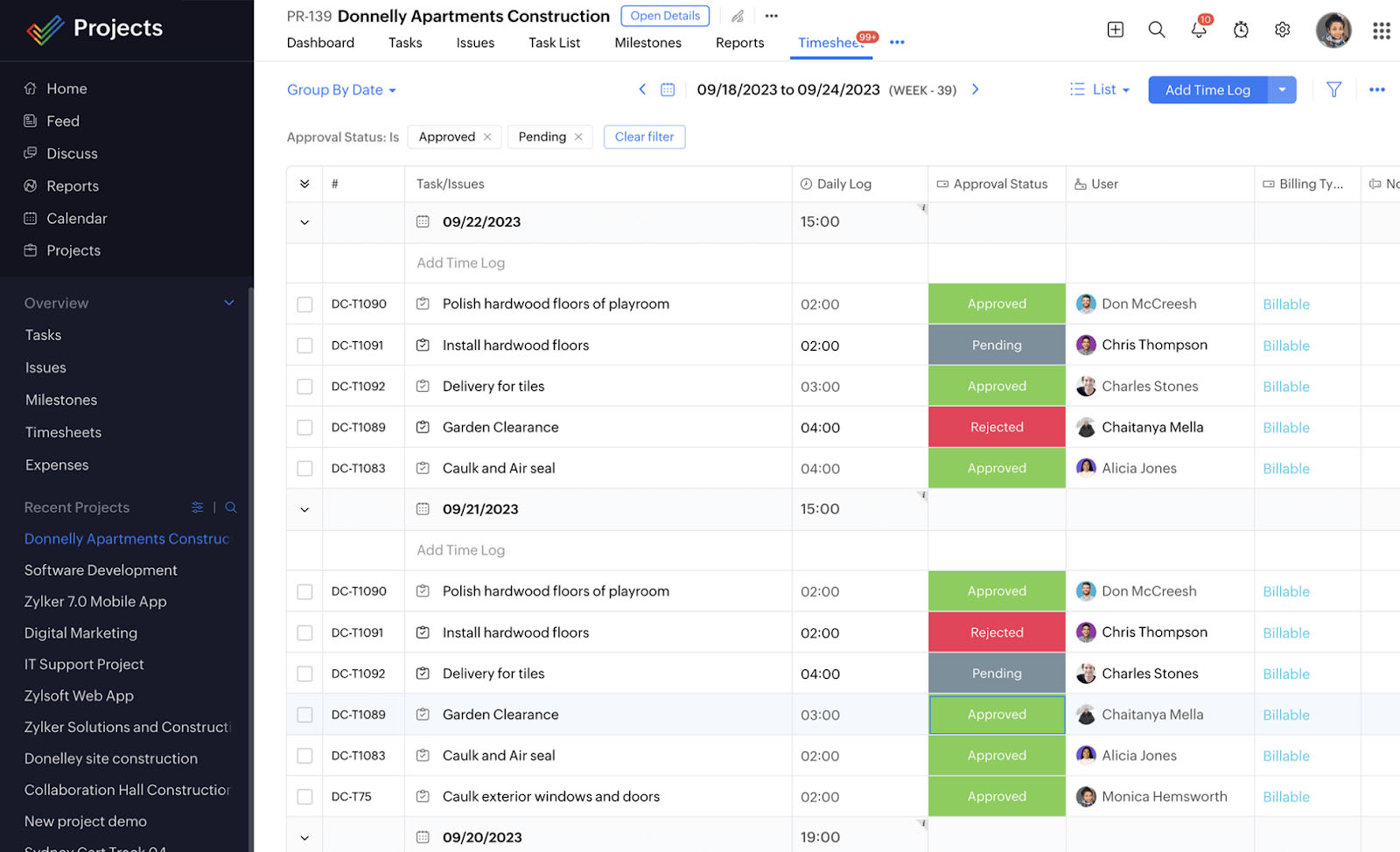 Zoho Projects timesheets with columns for tasks, daily logs, color-coded statuses, and users.