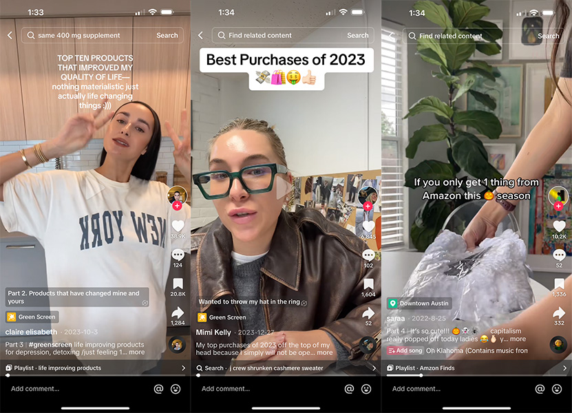3 TikTok videos with creators recommending products.