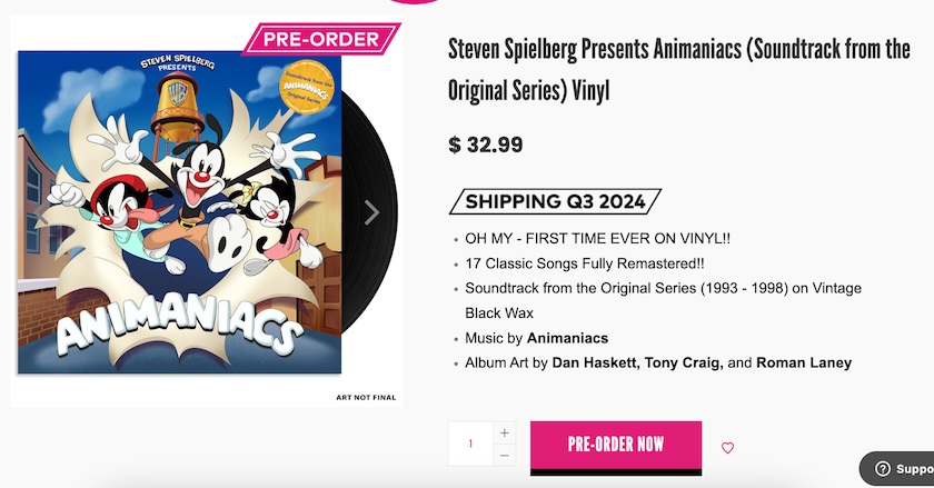 A product listing on the Iam8bit website for a Steven Spielberg Presents Animaniacs vinyl record with a description of its preorder and product details.