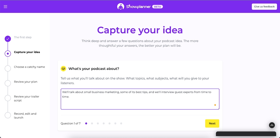 A sample prompt from Alitu Showplanner about podcast content.