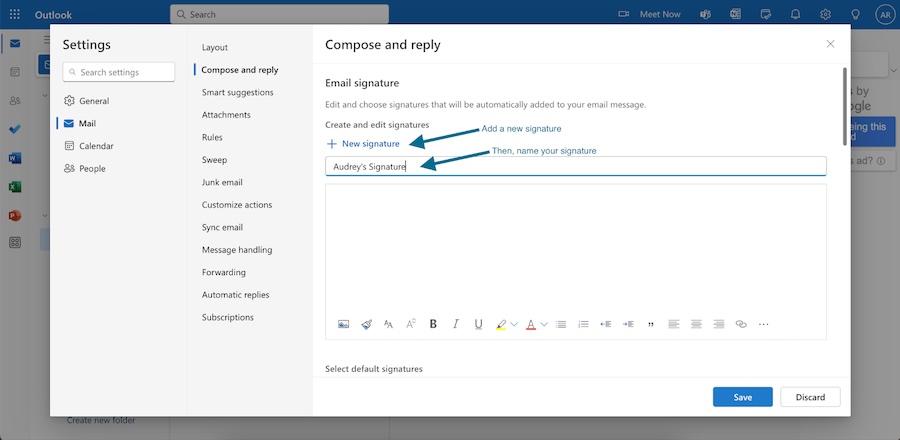 Adding a signature name in the Compose and Reply tab in the new Outlook.