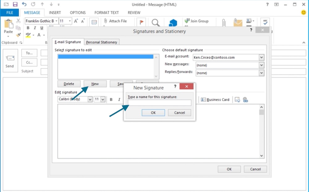 Adding a signature name under the Signatures and Stationery window in classic Outlook.
