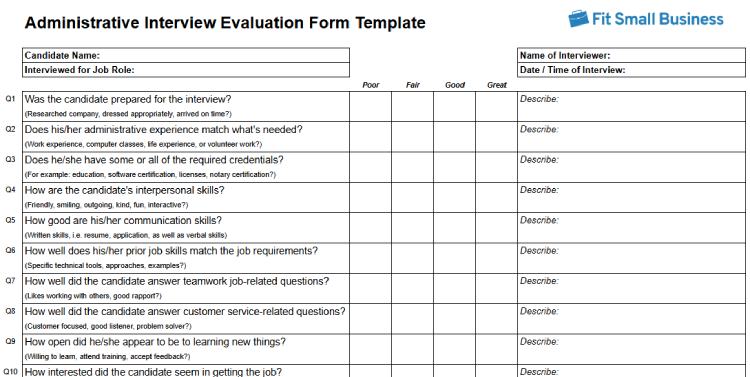 Administrative Interview Evaluation Form Template.