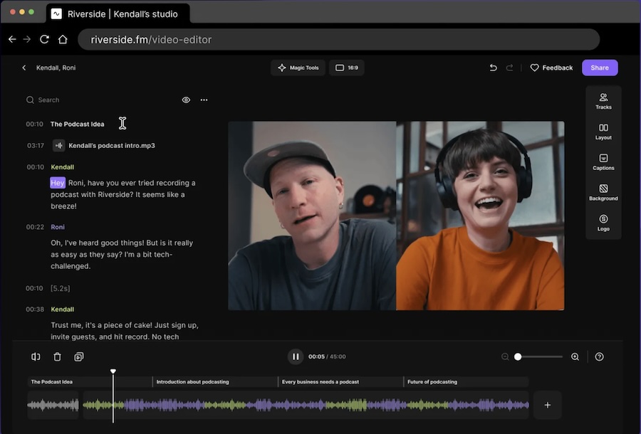 An example of Riverside's audio and video editor.