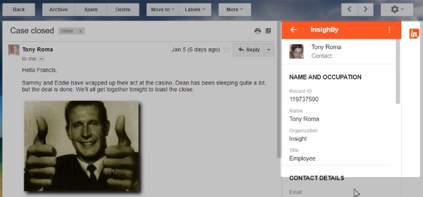 An Insightly contact record sidebar open within Gmail.