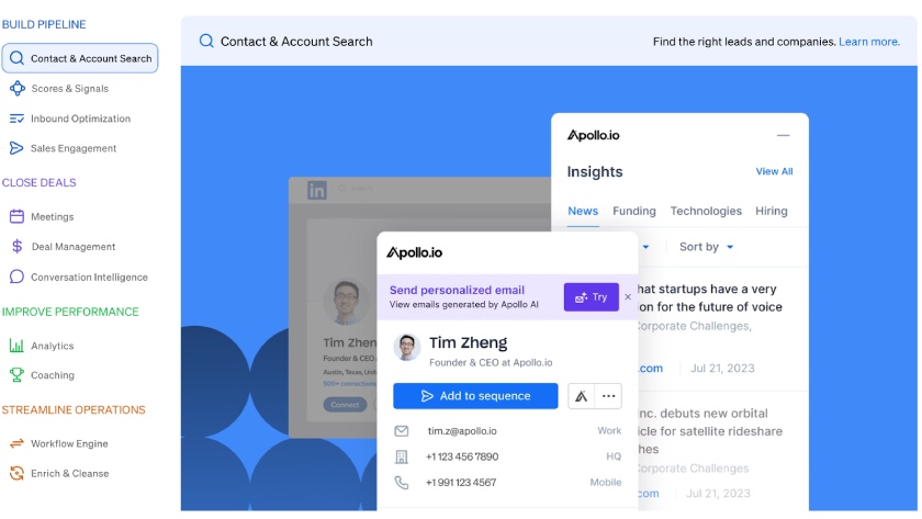 Apollo.io dashboard showing a lead's contact details, like job title and insights data with an option to add the contact to a sequence for automation.
