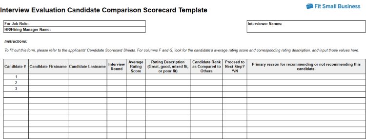 Interview Evaluation Candidate Comparison Scorecard Template.