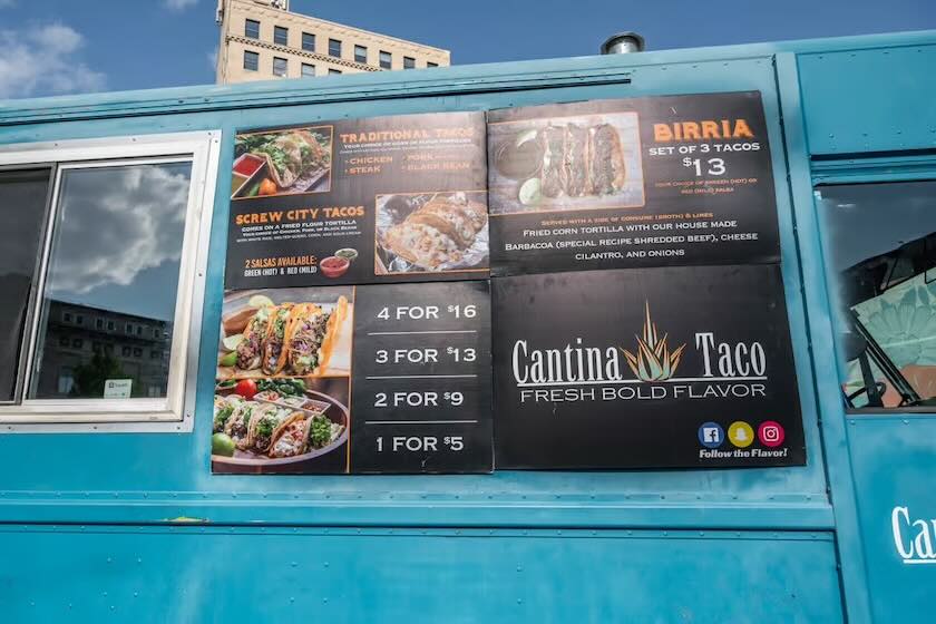 Close-up shot of Cantina Taco food truck's menu.