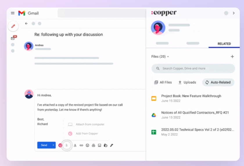 Copper CRM integrated with Gmail showing email content creation to be sent directly to the CRM contact.