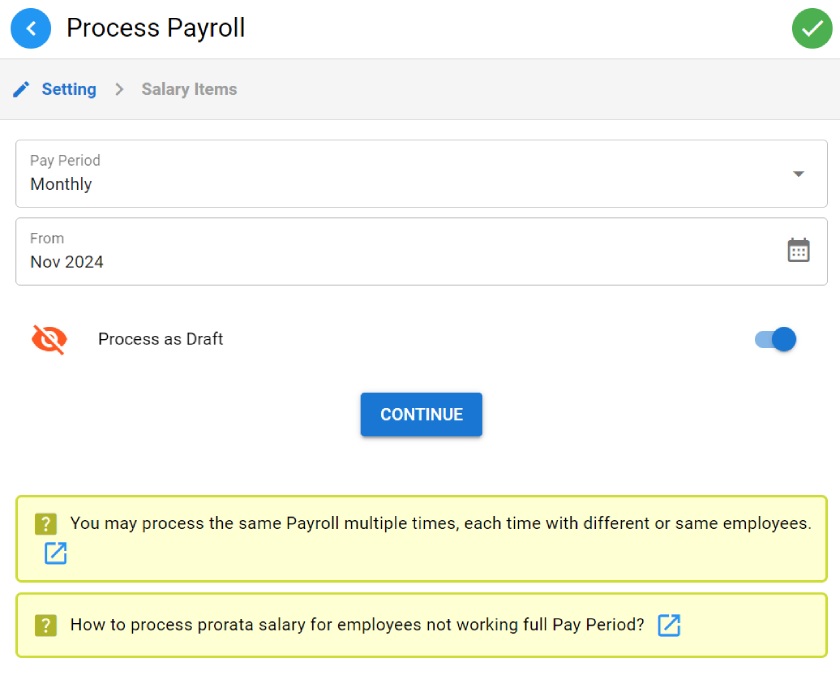 HR.my's payroll process page has buttons to select the applicable pay period, continue to the next step, or process as a draft payroll.