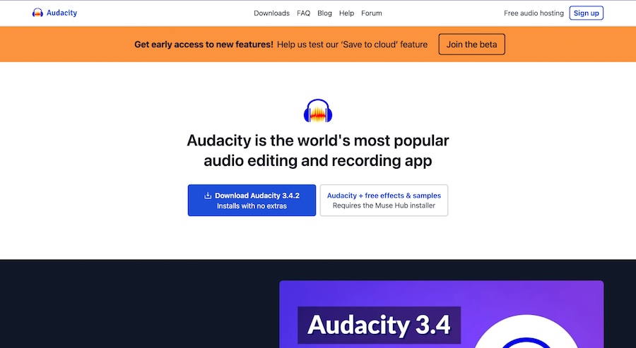 Home page of Audacity's website.