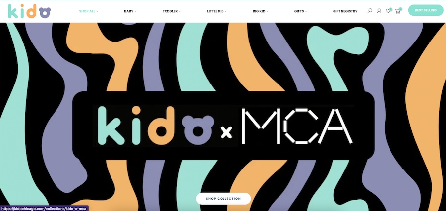 Home page of Kido's website with their brand colors.