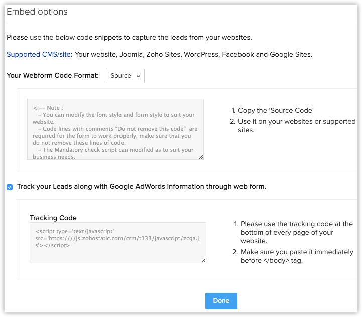 How to embed Zoho CRM’s web form code into Google Sites.