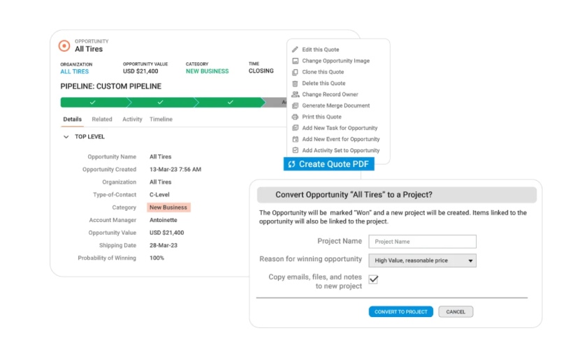 Insightly CRM's dashboard showing how to convert an opportunity into a project.