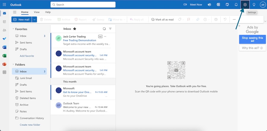 Interface of the new Outlook Mail home page with an arrow pointing to the Settings tab.