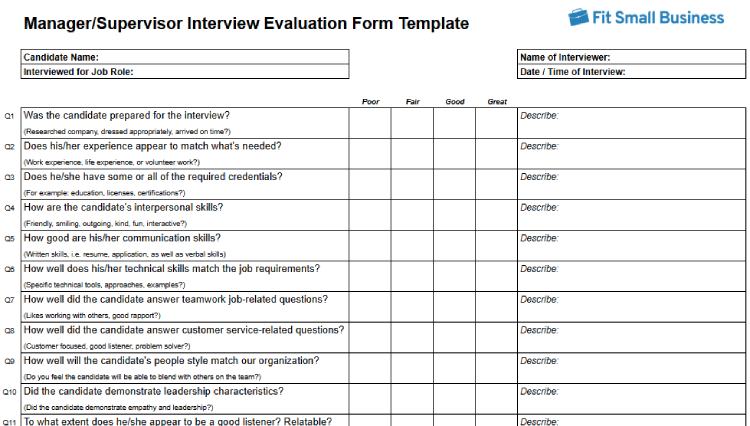 Manager/Supervisor Interview Evaluation Form Template.
