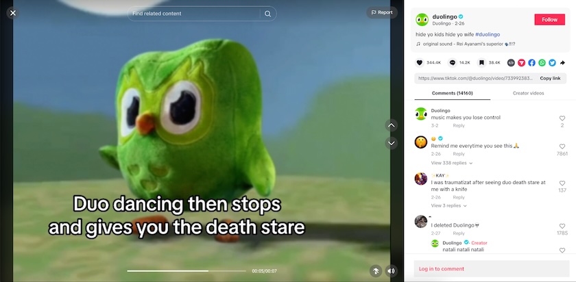 Screenshot of one of Duolingo's TikTok videos.