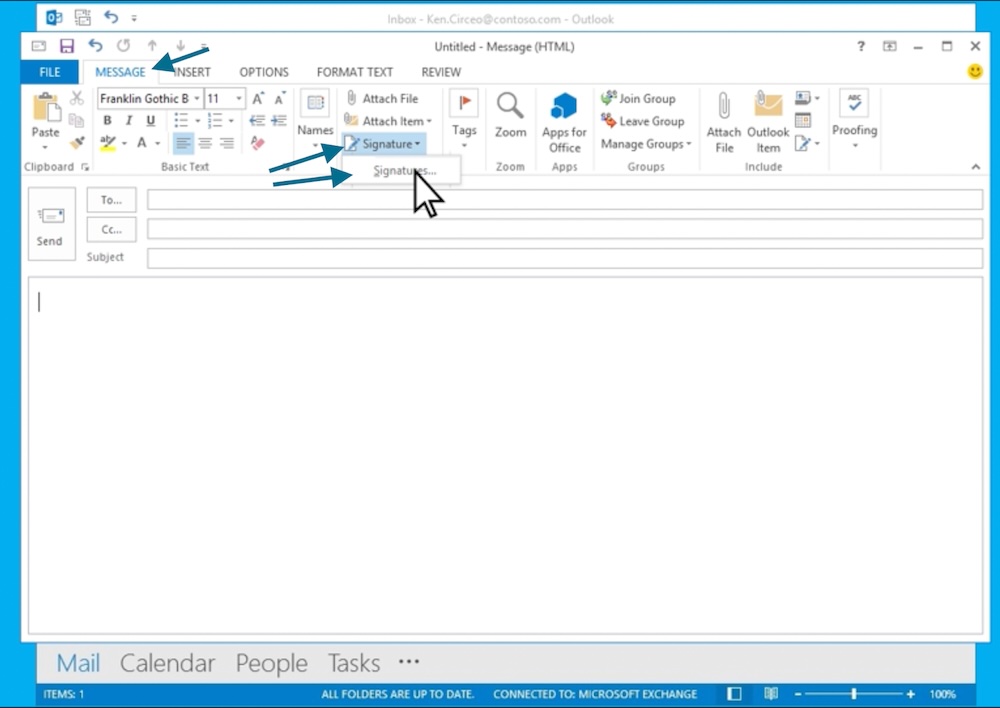 Opening Signatures under the Message tab in the classic Outlook.