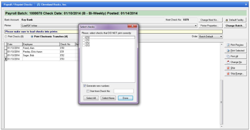 Payroll4Free check printing module with buttons for printing, selecting, and viewing paychecks.
