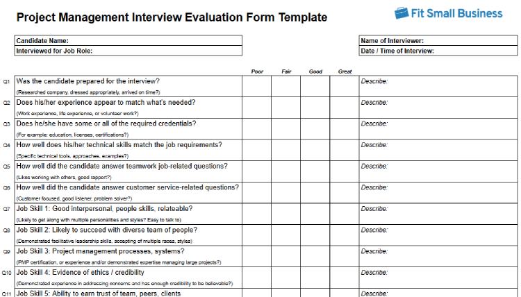 Project Management Interview Evaluation Form Template.