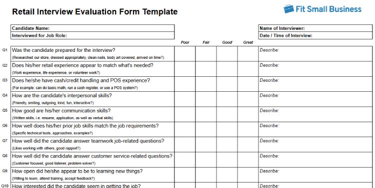 Retail Interview Evaluation Form Template.