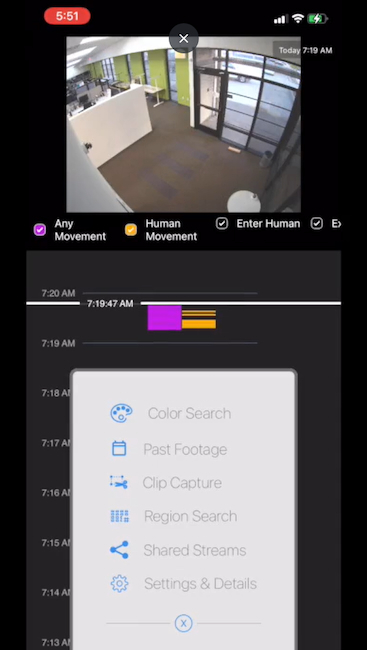 Screenshot of Rhombus phone app showing options for video recordings.