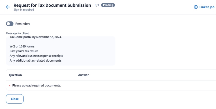 Sample automated client request in TaxDome which includes a message for the client.