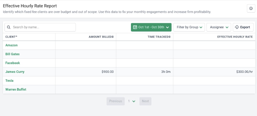 Sample Effective Hourly Rate Report in Financial Cents showing details like client name and amount billed.
