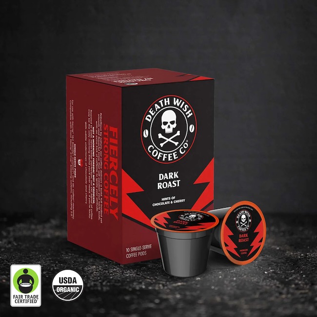 Sample product from Death Wish Coffee featuring its brand logo.