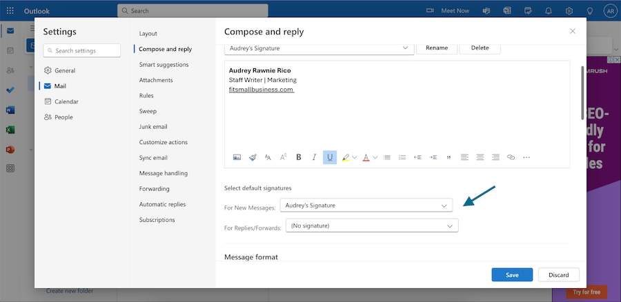 Setting signature conditions in the new Outlook.