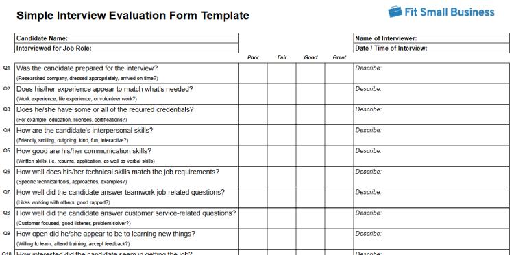 Simple Interview Evaluation Form Template.