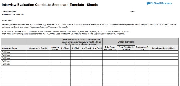 Interview Evaluation Candidate Scorecard Template Simple.